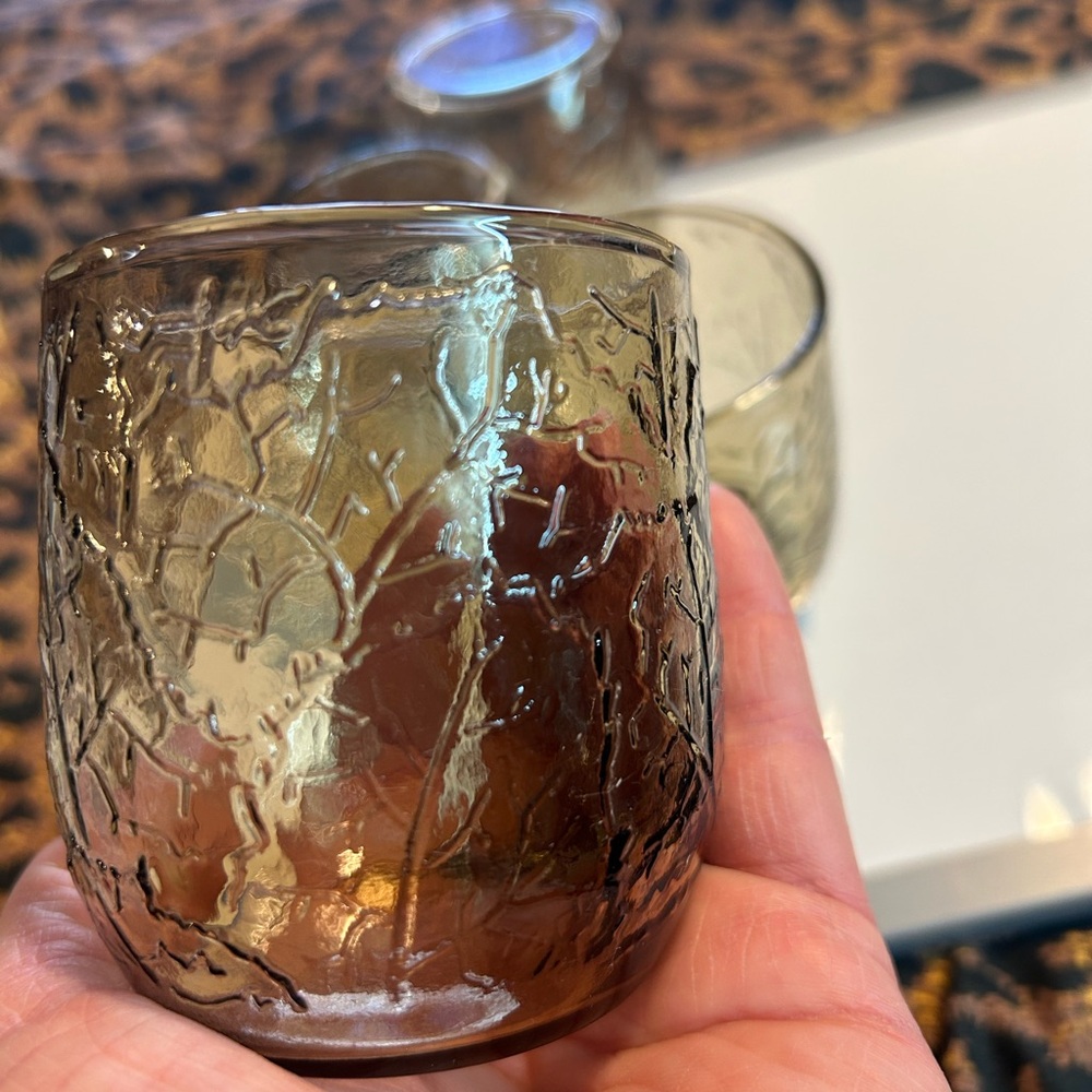 Vtg Anchor Hocking 4 Glasses spicy brown textured leaf embossed design - Picture 6 of 10